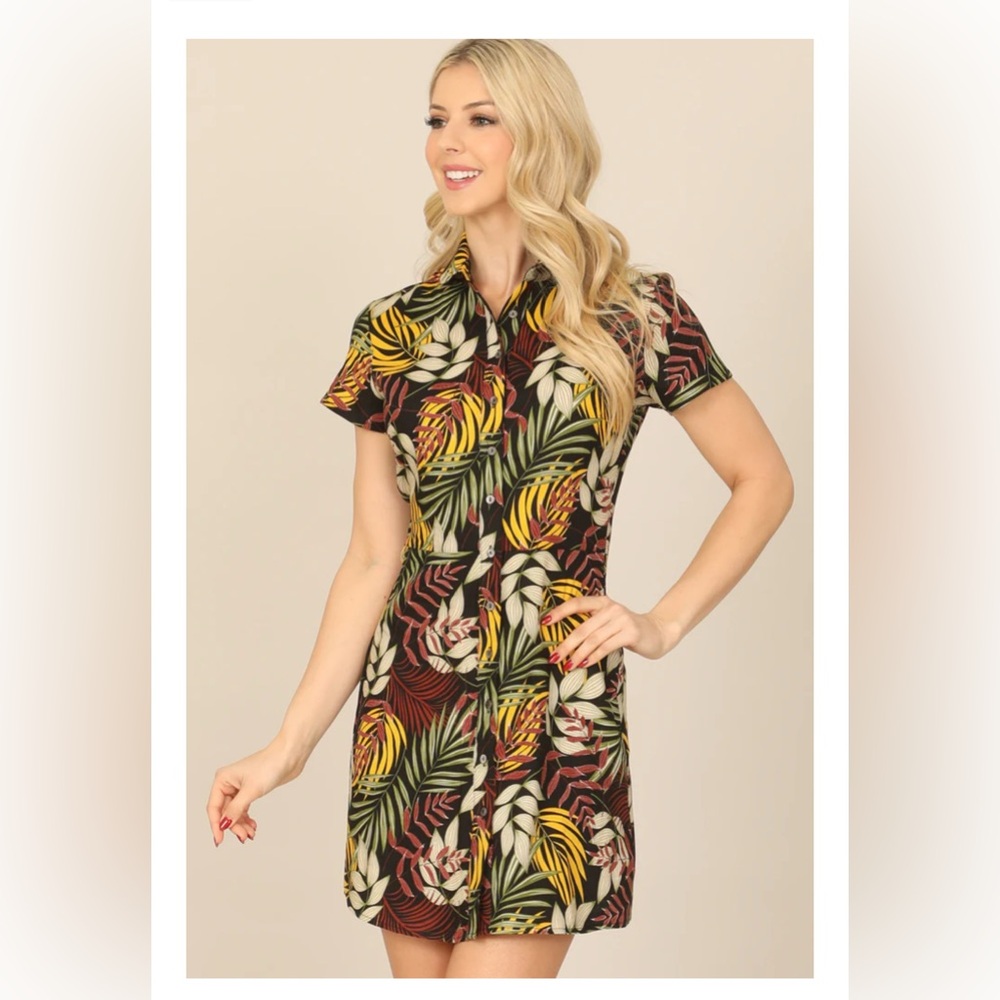 Olivaceous tropical print button up dress
